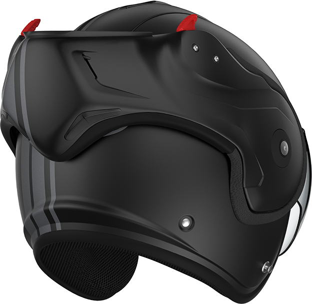 Roof RO9 Boxxer 2 Stripes Matt Black / Metal rear-right three-quarter view, open-face configuration