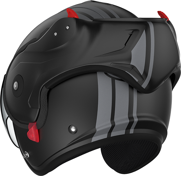 Roof RO9 Boxxer 2 Stripes Matt Black / Metal rear-left three-quarter view, open-face configuration