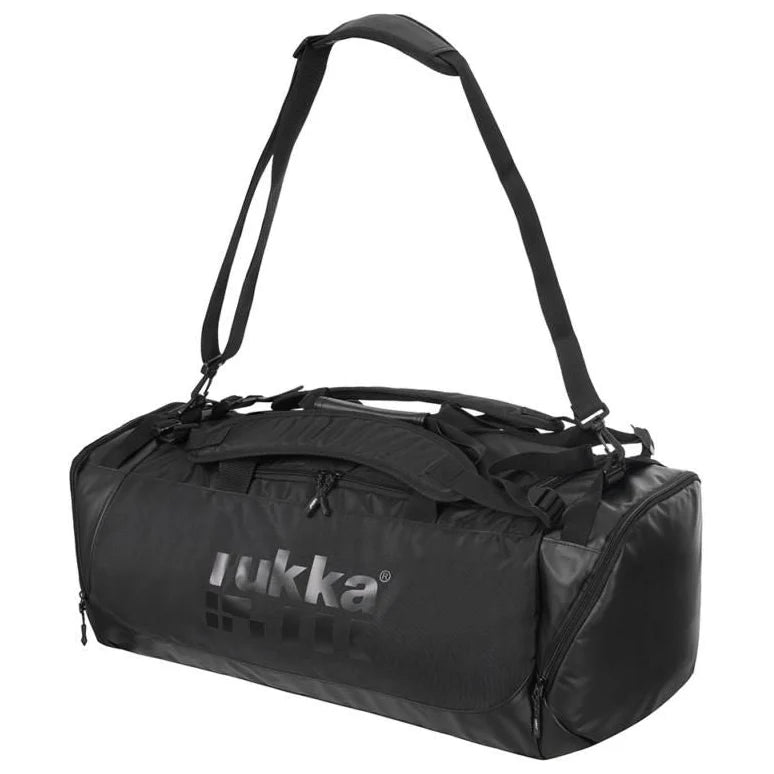 Rukka Duffel Bag Black - 38 Litres - closed front three-quarter view with shoulder strap