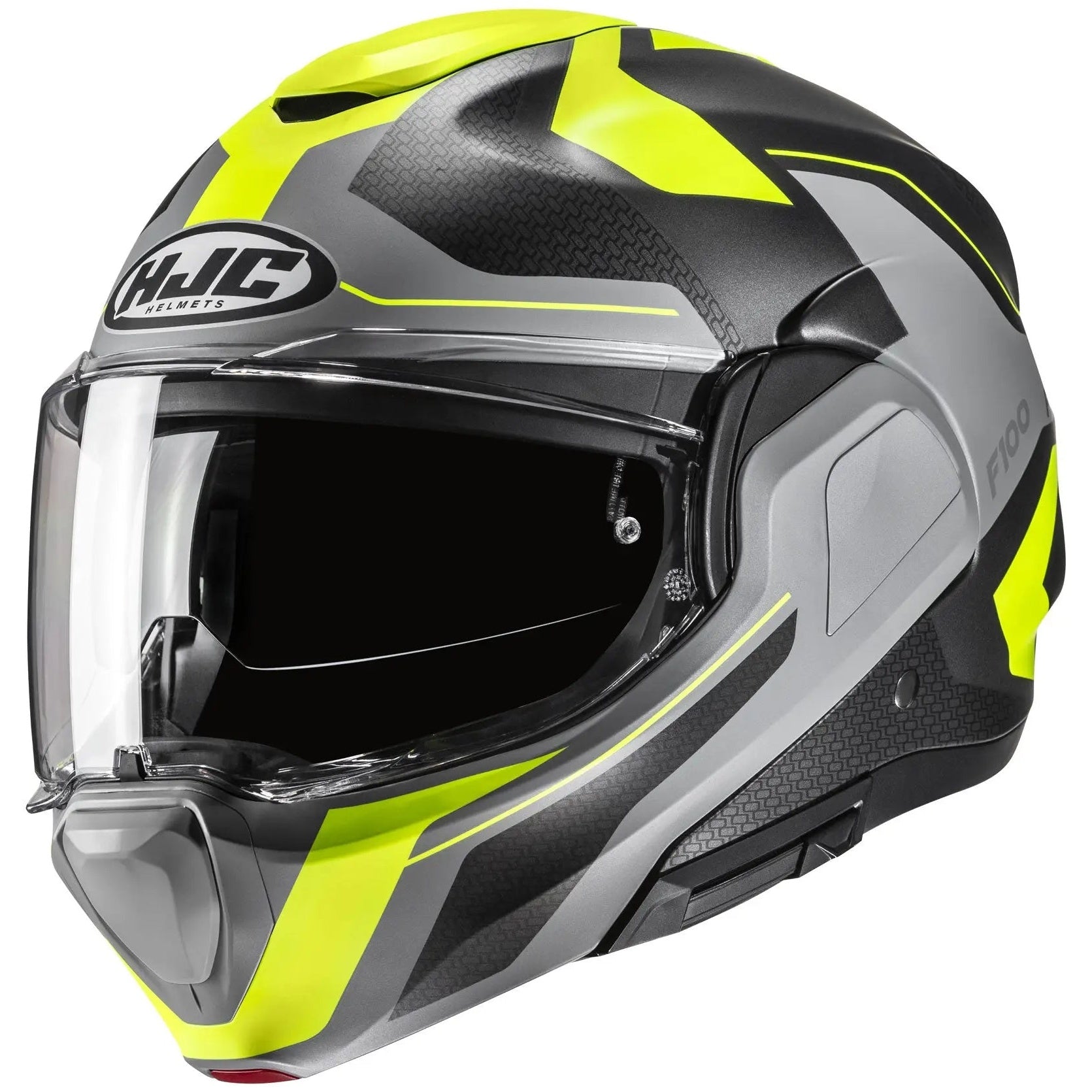 HJC F100 Bios MC3HSF Yellow flip-up motorcycle helmet, front three-quarter view on white background