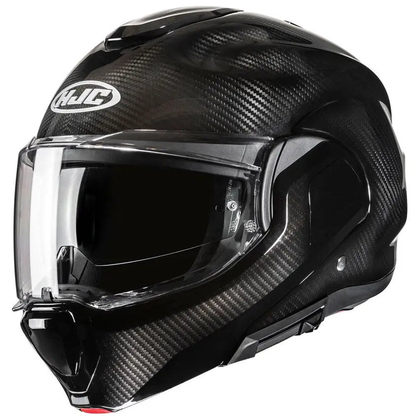 HJC F100 Carbon Black flip-up motorcycle helmet, front three-quarter view on white background