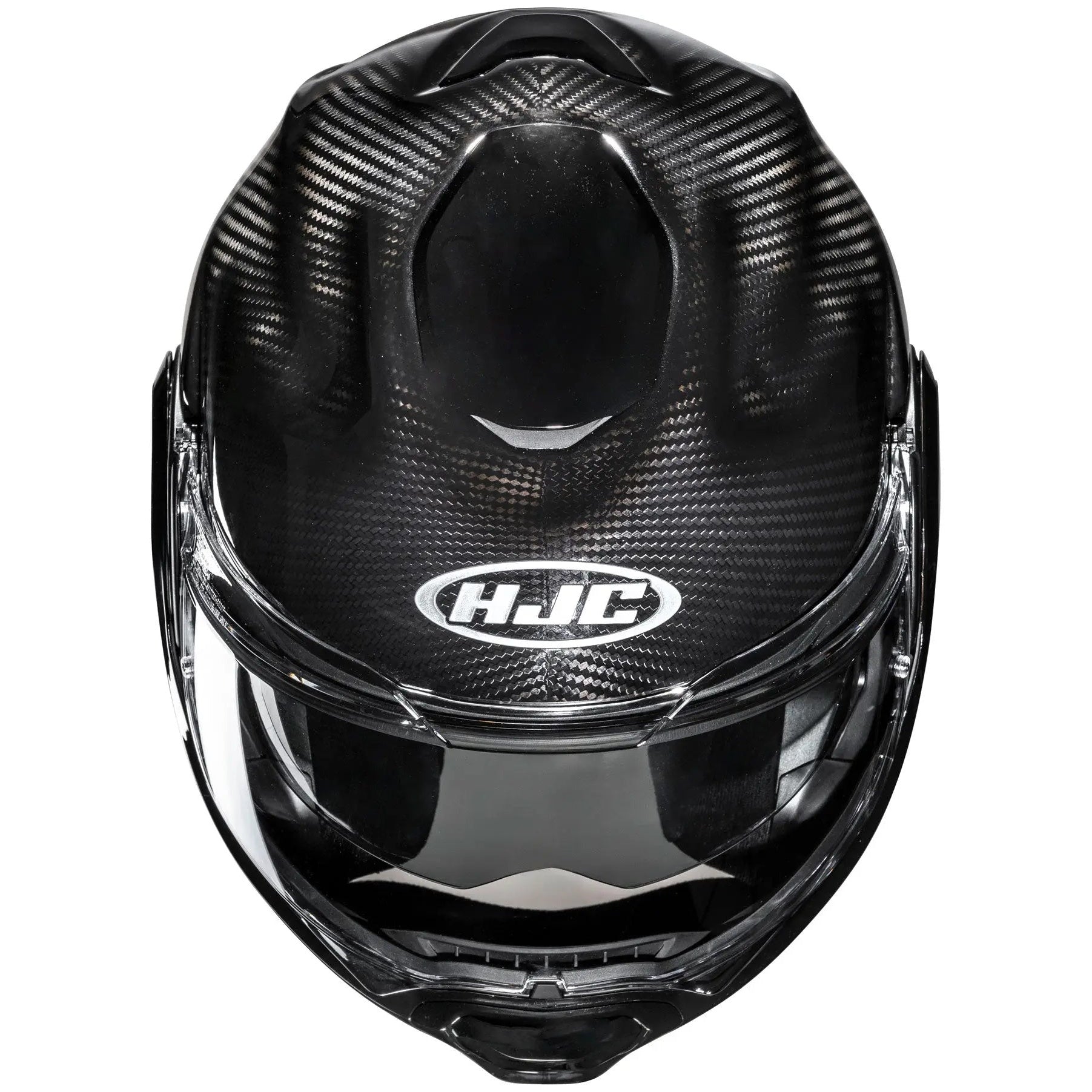 HJC F100 Carbon Black flip-up motorcycle helmet, front view on white background