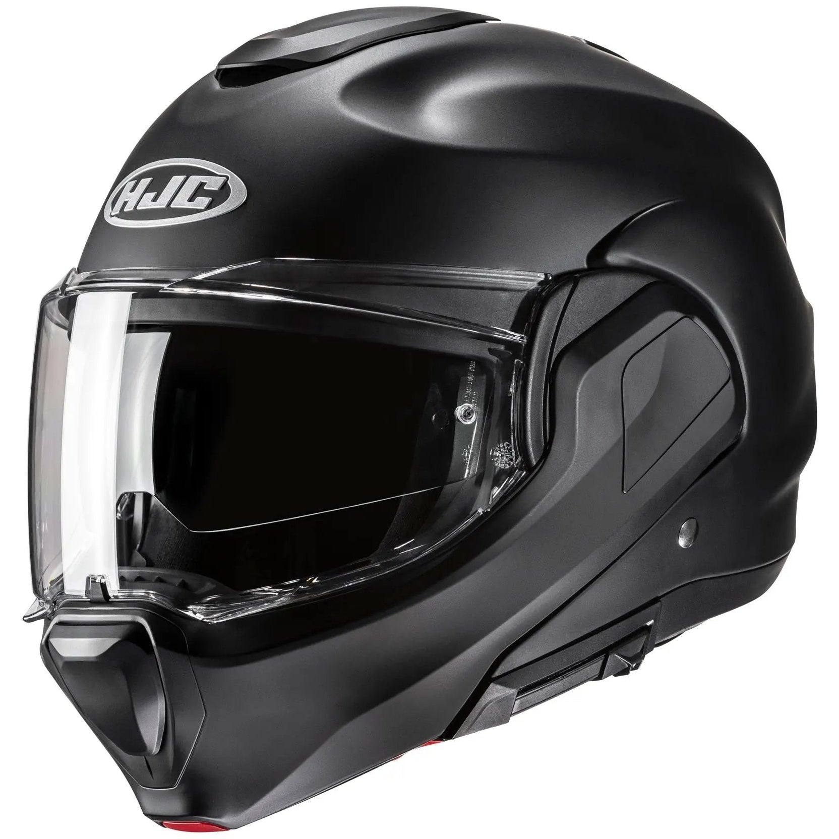 HJC F100 Semi Flat Matt Black flip-up motorcycle helmet, front three-quarter view on white background
