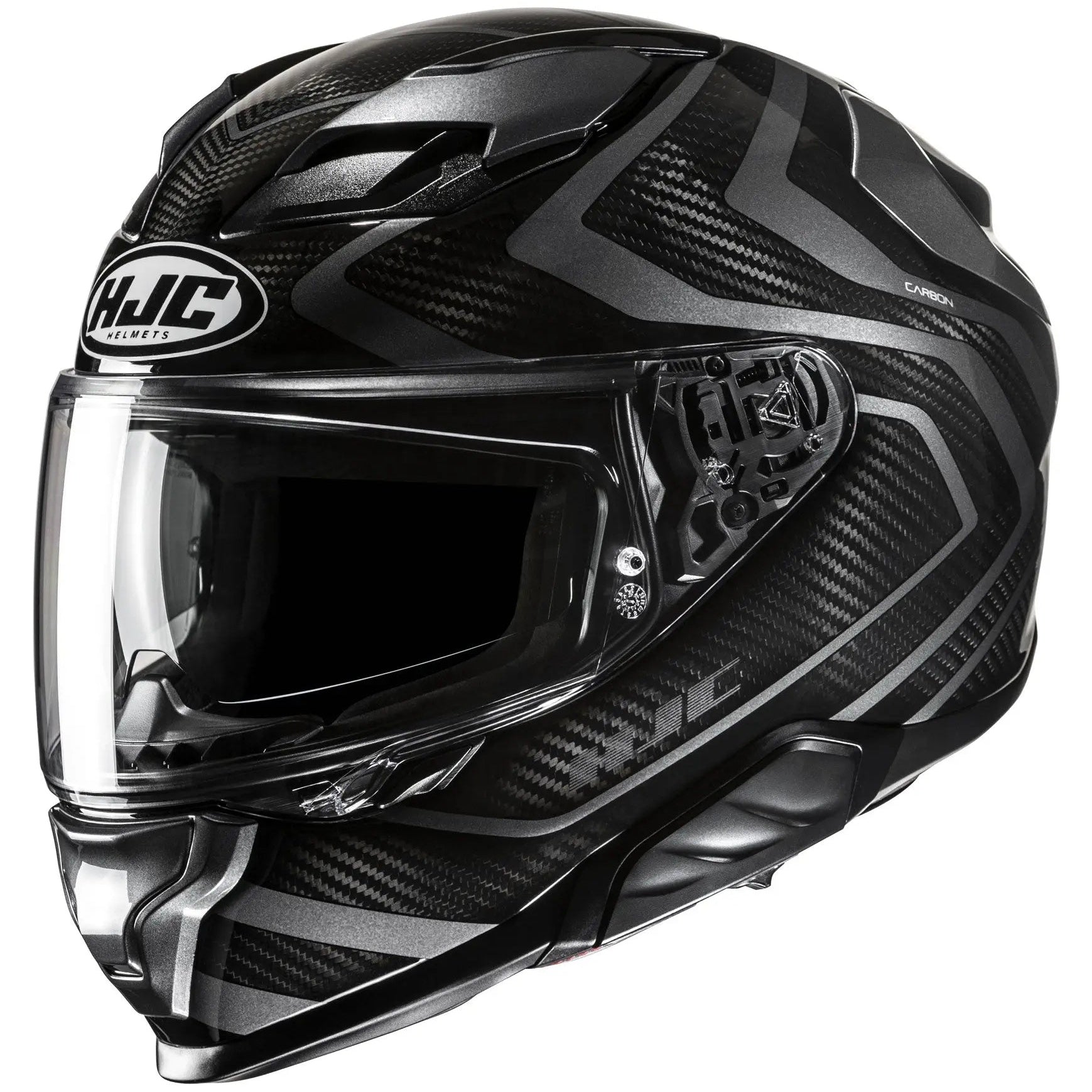HJC F71 Carbon NEVIO MC5 Black Full Face Motorcycle Helmet, front-left view on white background