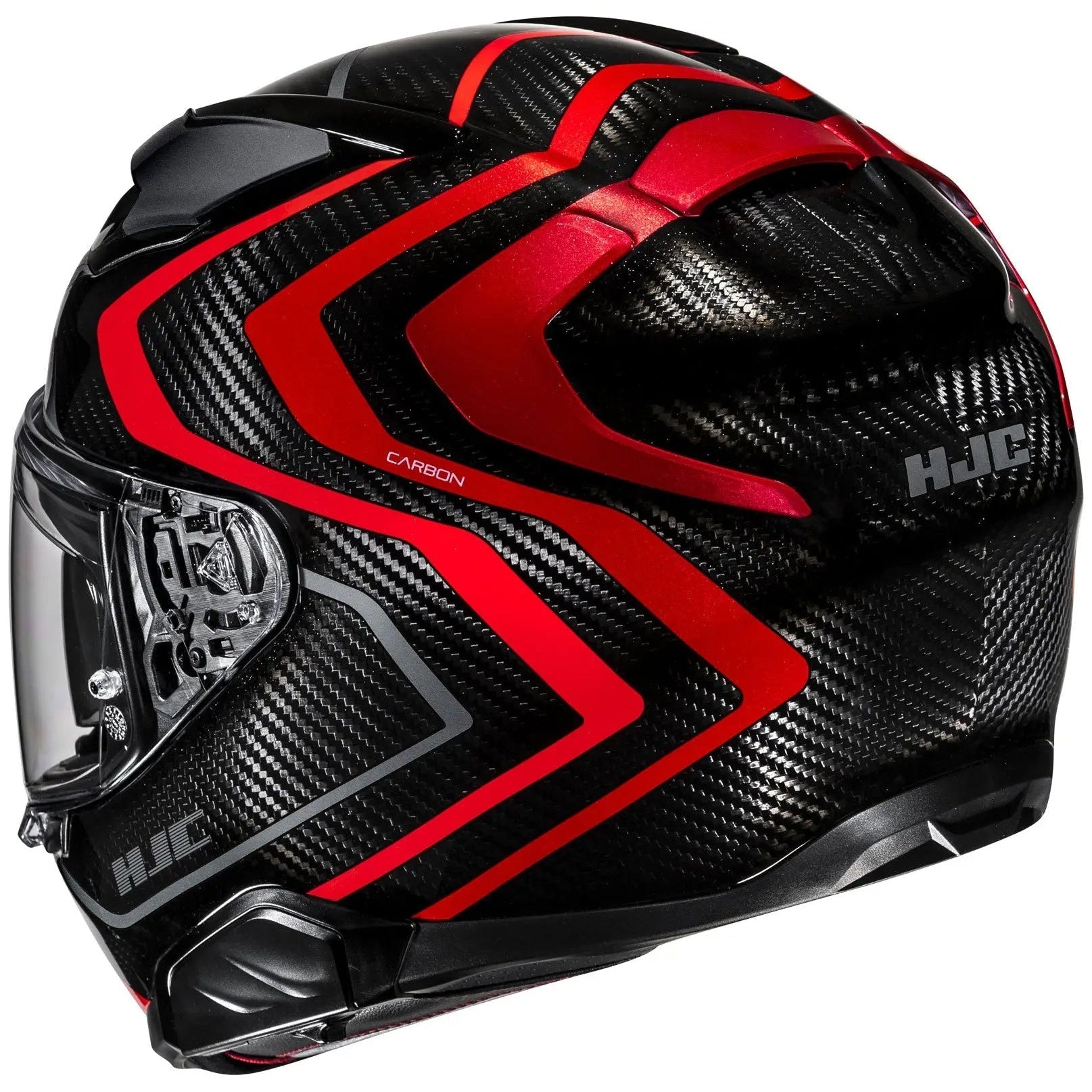 HJC F71 Carbon Nevio MC1 Red Full Face Motorcycle Helmet, rear-right view on white background