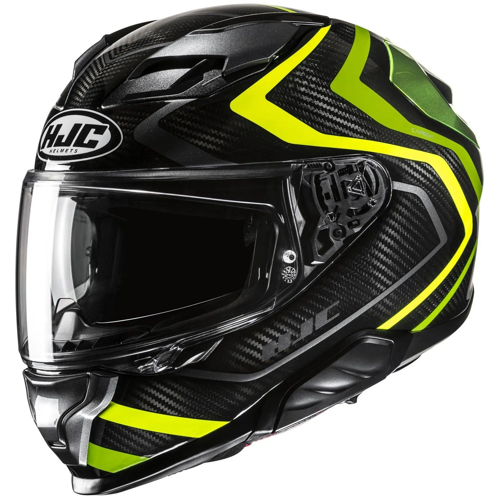 HJC F71 Carbon Nevio MC3H Yellow Full Face Motorcycle Helmet, front-left view on white background