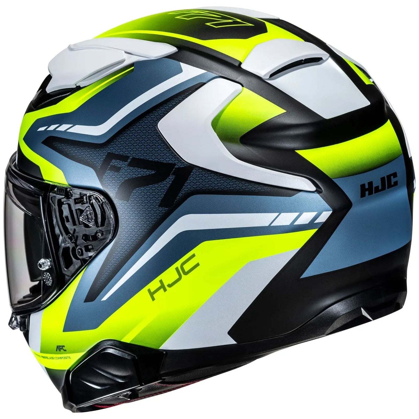 HJC F71 FES MC3HSF Yellow Full Face Motorcycle Helmet, rear-right view on white background