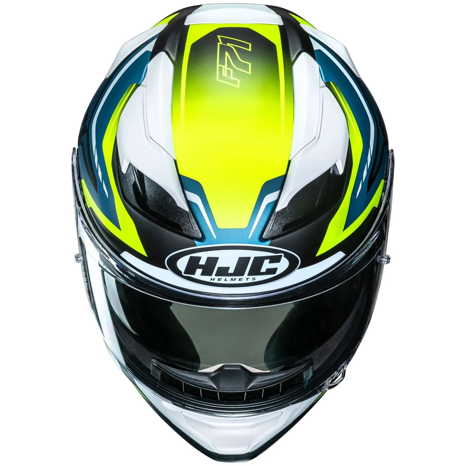 HJC F71 FES MC3HSF Yellow Full Face Motorcycle Helmet, front view on white background