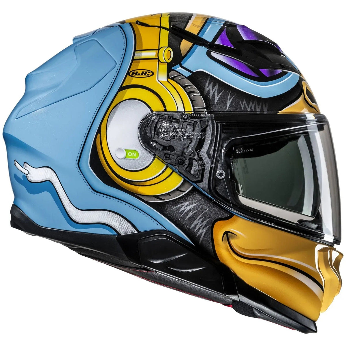 HJC F71 MONKEY DJ MC23 Blue / White / Fluo Yellow Full Face Motorcycle Helmet, right-side view on white background