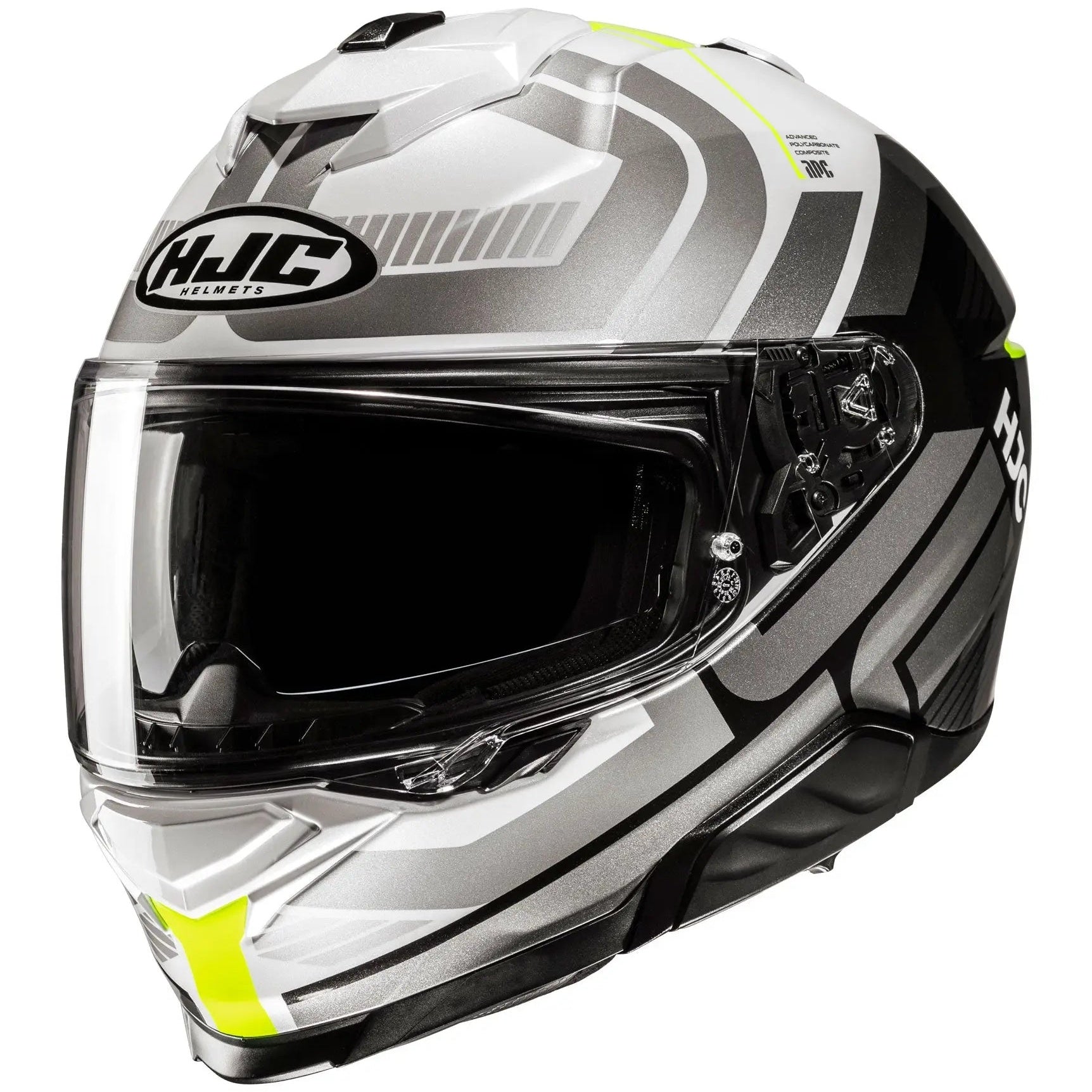 HJC i71 VIZ MC3H Fluo Yellow Full Face Motorcycle Helmet, front-left view on white background
