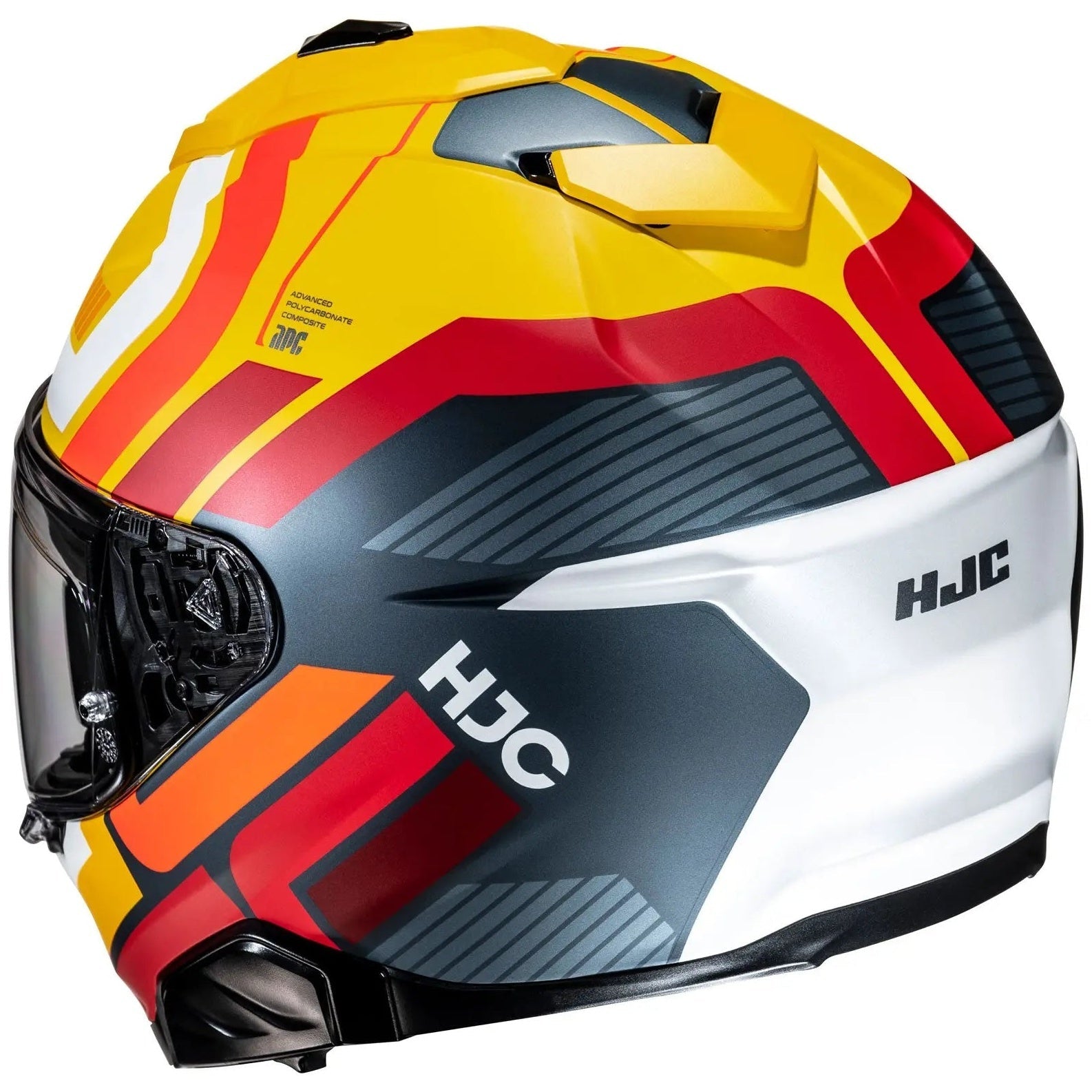 HJC i71 VIZ MC3SF Yellow Full Face Motorcycle Helmet, rear-right view on white background