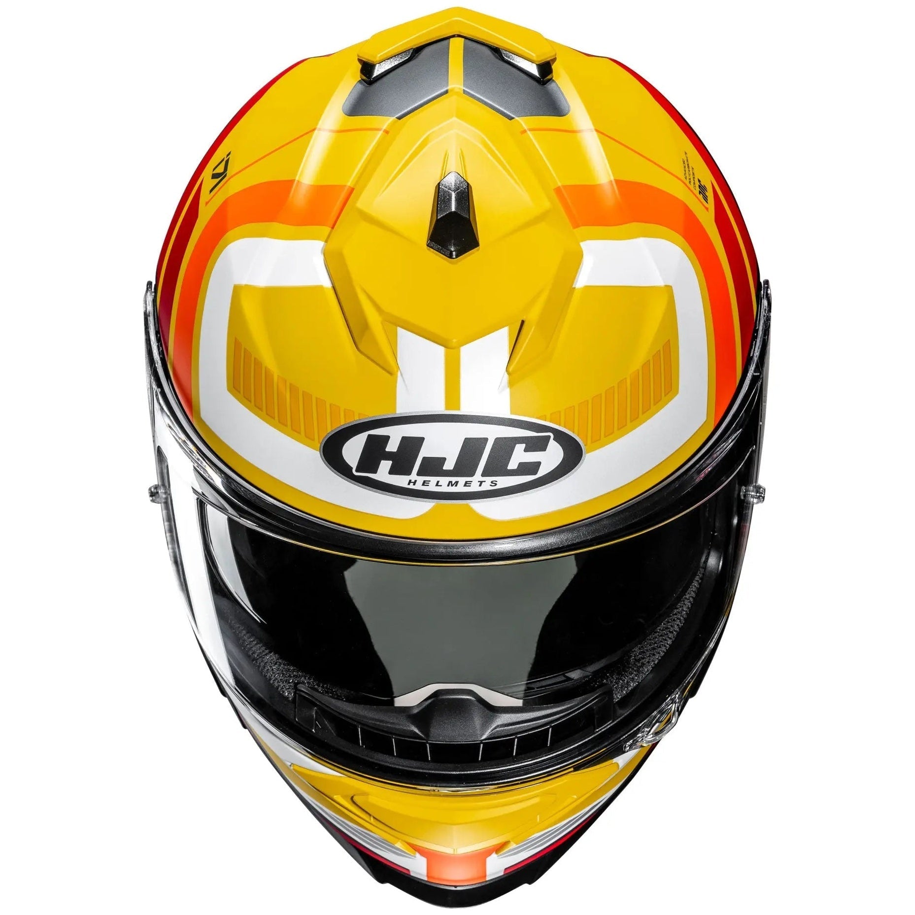 HJC i71 VIZ MC3SF Yellow Full Face Motorcycle Helmet, rear-left view on white background