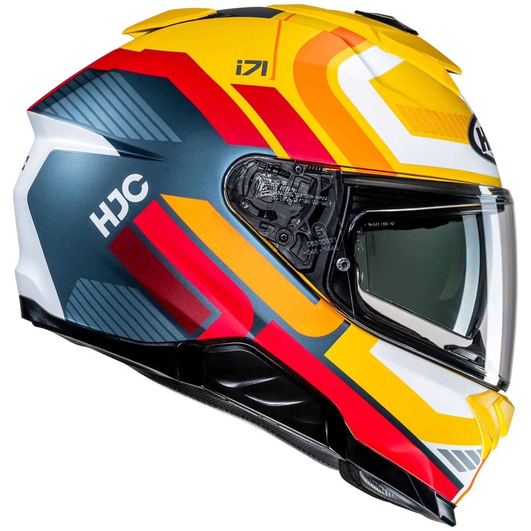 HJC i71 VIZ MC3SF Yellow Full Face Motorcycle Helmet, right-side view on white background