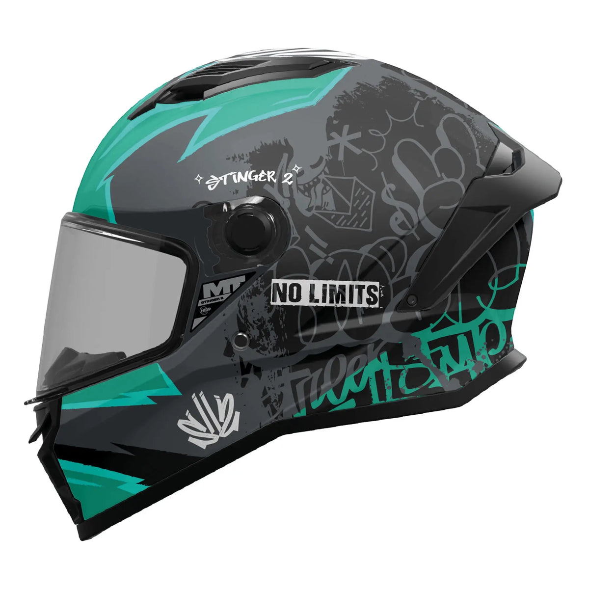 MT Helmets Stinger 2 Tagger B6 Matt Black / Green motorcycle helmet, side profile