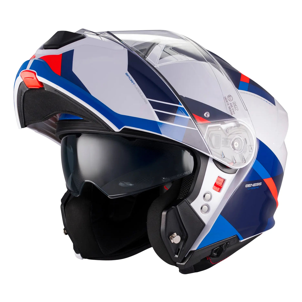 MT Helmets Genesis R Cheeky A7 Gloss White / Blue / Red, side view with chin bar raised
