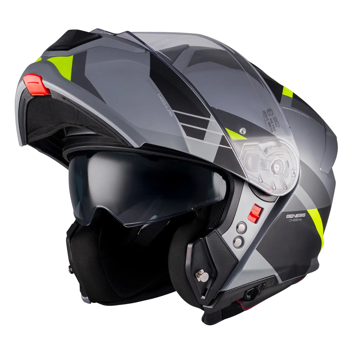MT Helmets Genesis R Cheeky C3 Matt Grey / Fluo Yellow, side view with chin bar raised