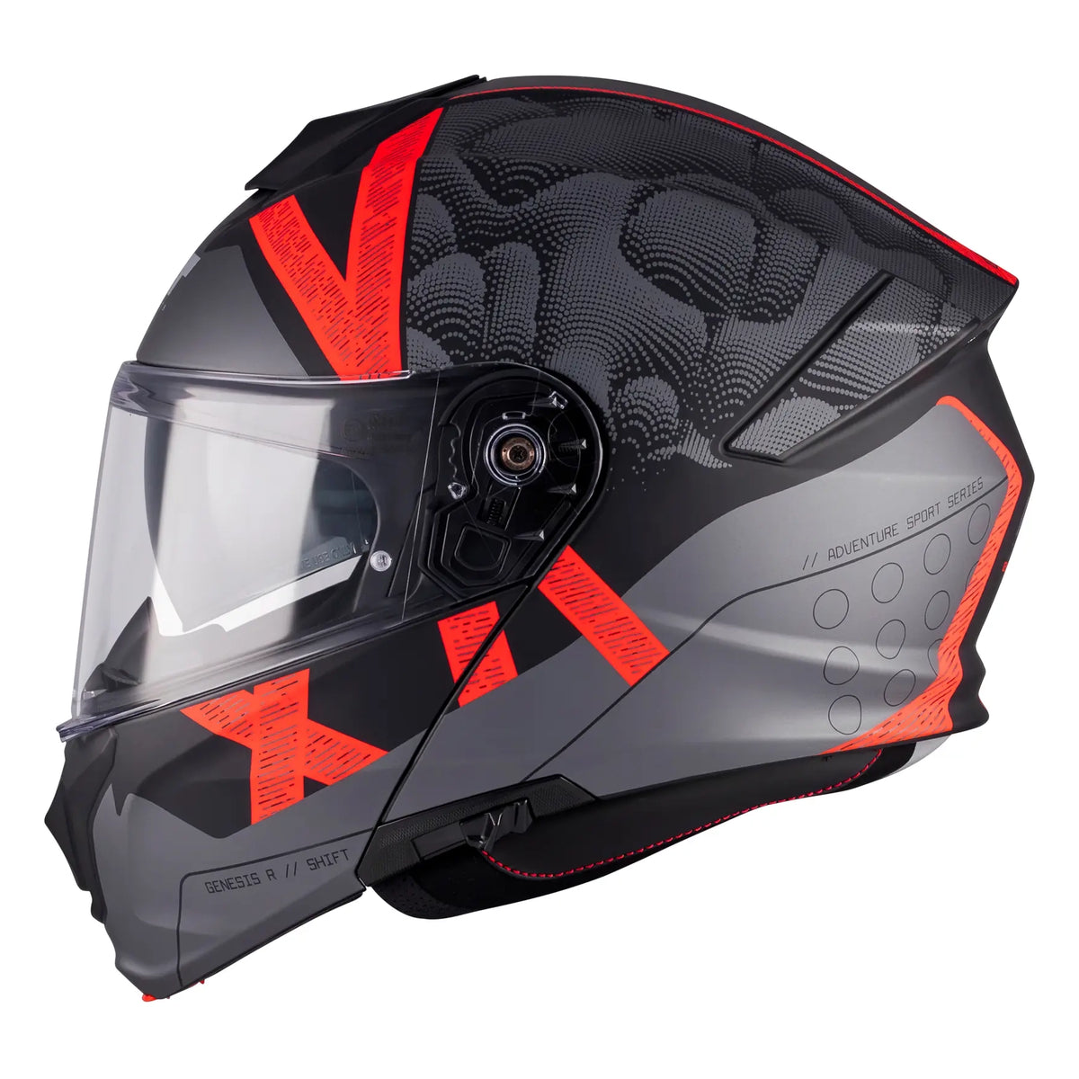 MT Helmets Genesis R Shift B15 Matt Black / Red modular motorcycle helmet, side profile with chin bar closed