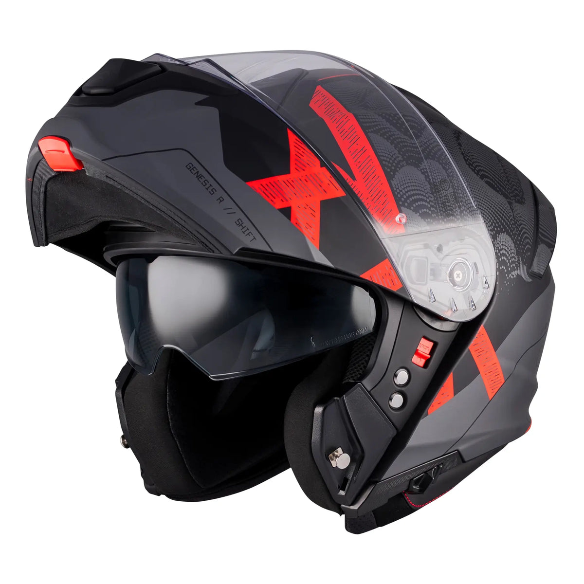 MT Helmets Genesis R Shift B15 Matt Black / Red modular motorcycle helmet, three-quarter view with chin bar raised