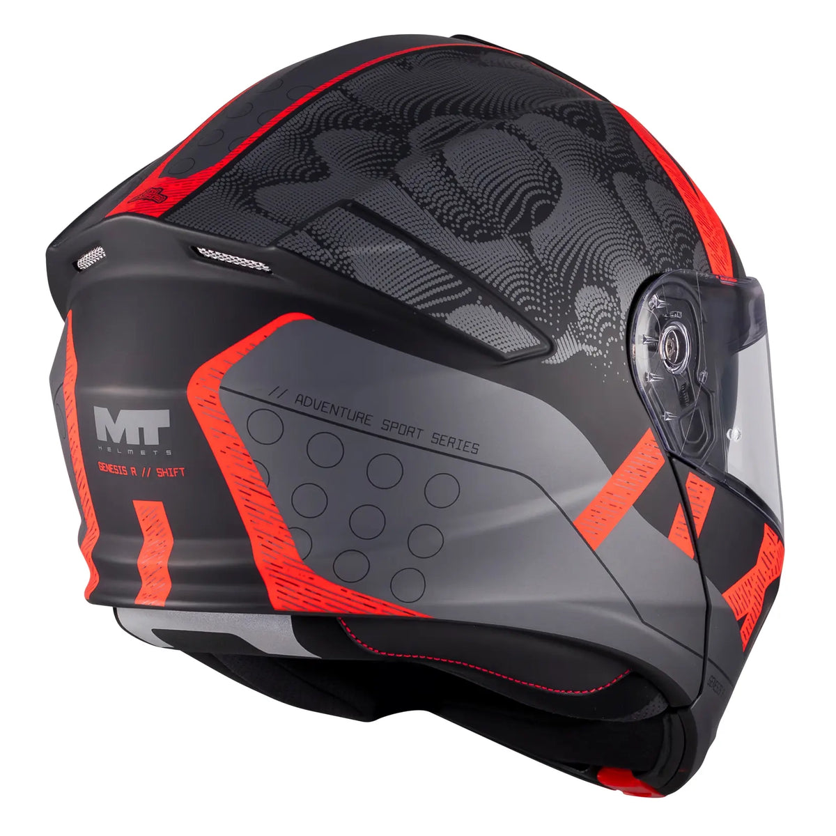 MT Helmets Genesis R Shift B15 Matt Black / Red modular motorcycle helmet, rear three-quarter view