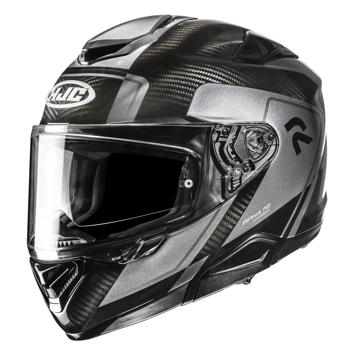 HJC RPHA 72 Carbon Fynex MC5 Black full-face motorcycle helmet, front-left three-quarter view on white background