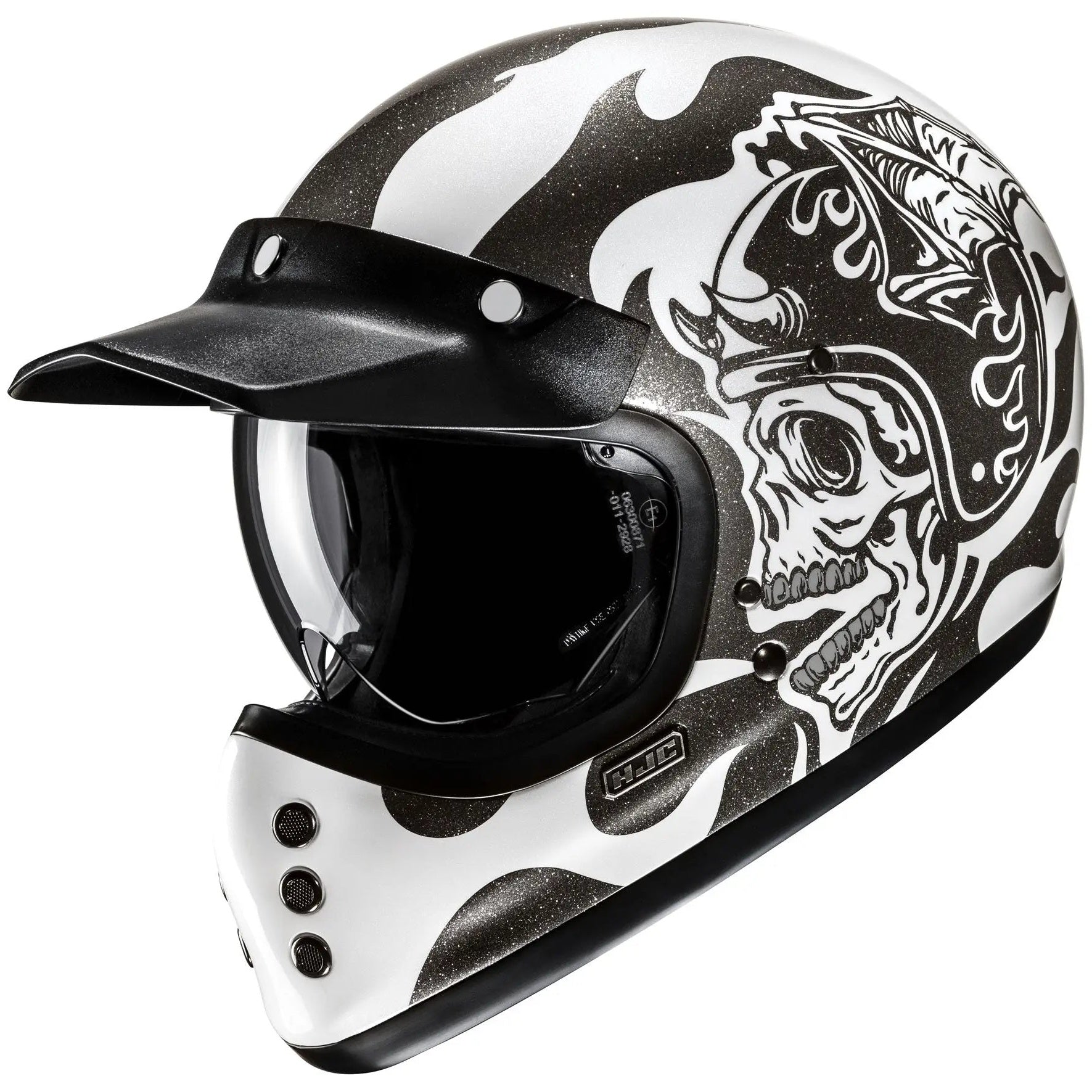 HJC V60 Flame MC5 Black Full Face Motorcycle Helmet, alternate retro full-face motorcycle helmet angle on white background