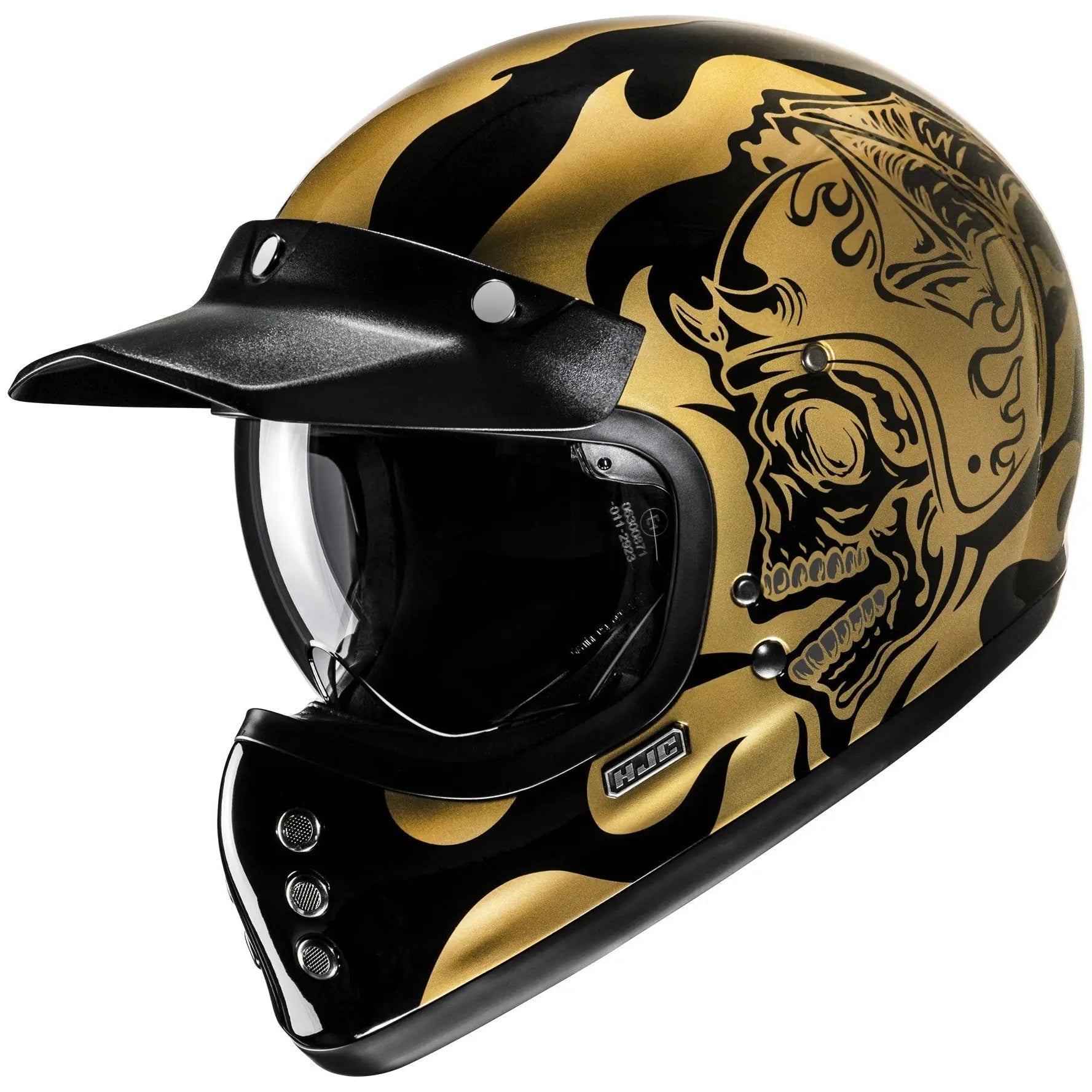 HJC V60 Flame MC9 Gold Full Face Motorcycle Helmet, alternate retro full-face motorcycle helmet angle on white background