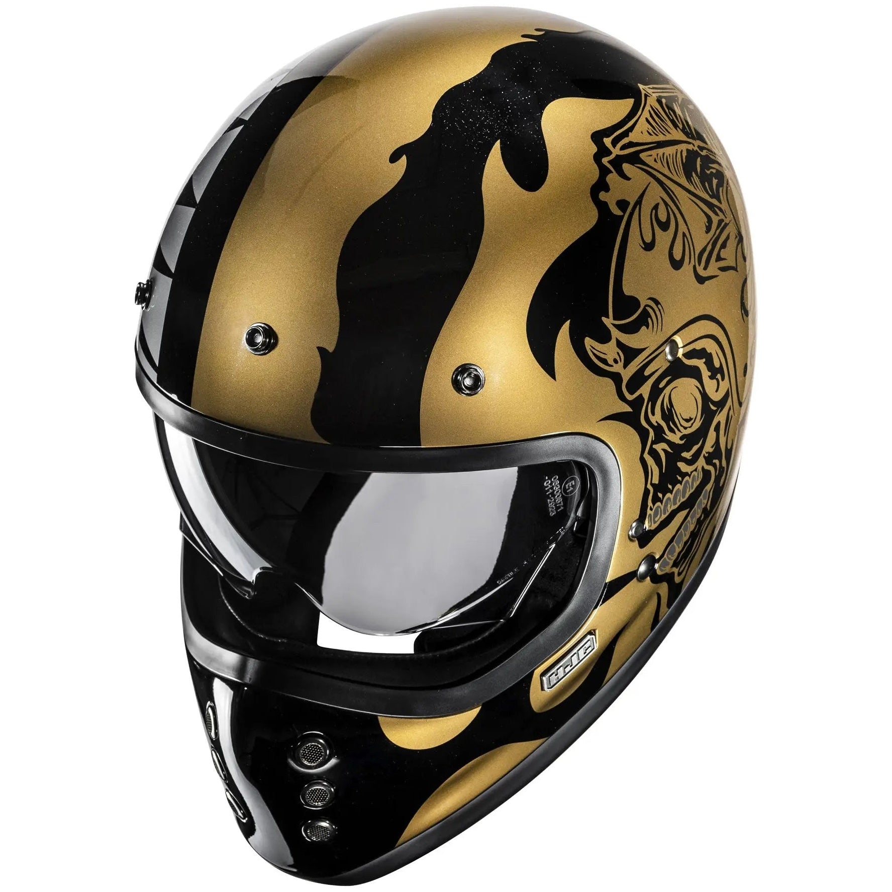 HJC V60 Flame MC9 Gold Full Face Motorcycle Helmet, alternate retro full-face motorcycle helmet angle on white background
