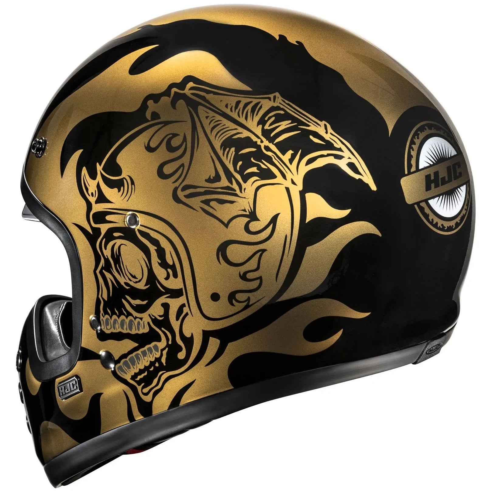HJC V60 Flame MC9 Gold Full Face Motorcycle Helmet, alternate retro full-face motorcycle helmet angle on white background