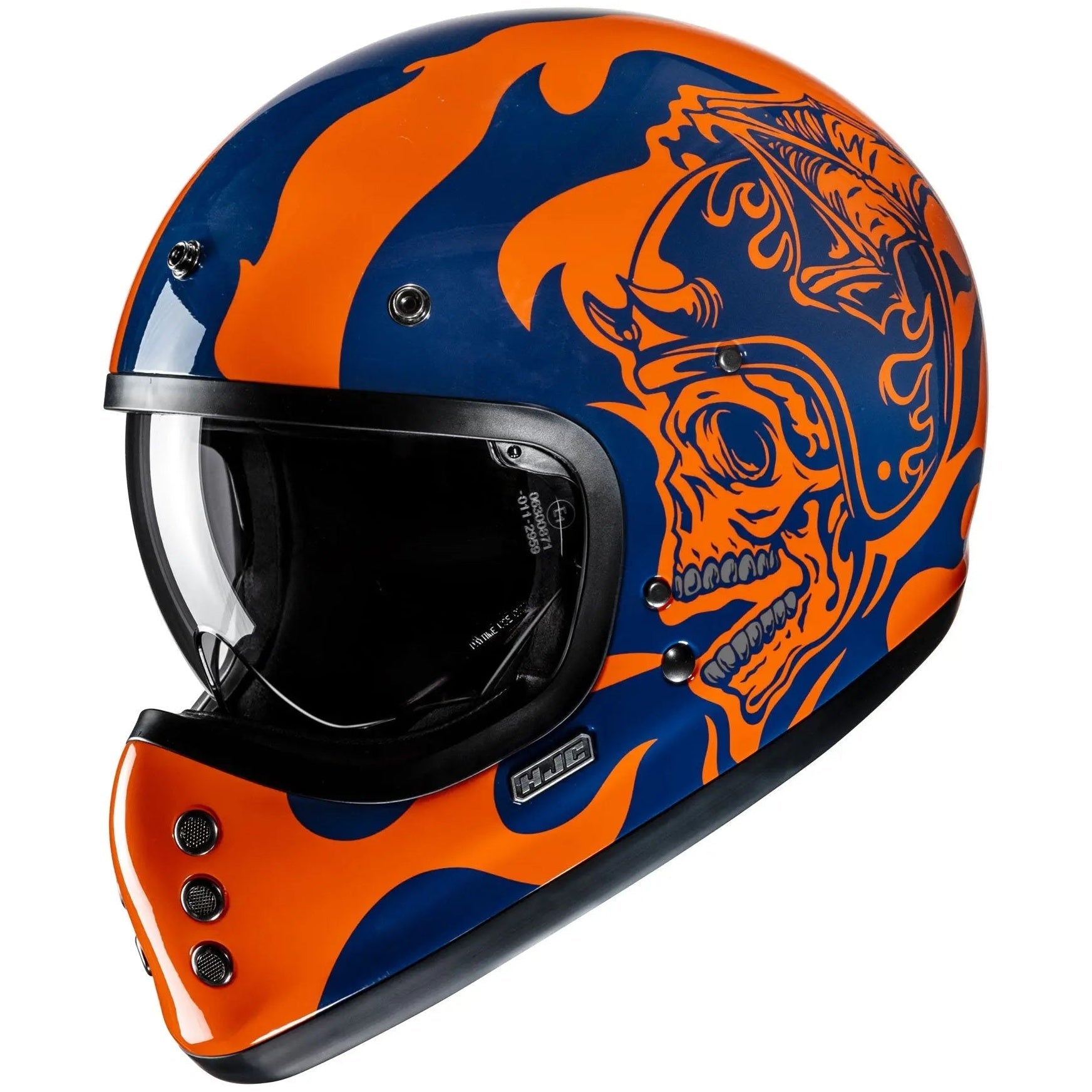 HJC V60 Flame MC27 Blue / Orange Full Face Motorcycle Helmet, retro full-face motorcycle helmet product view on white background