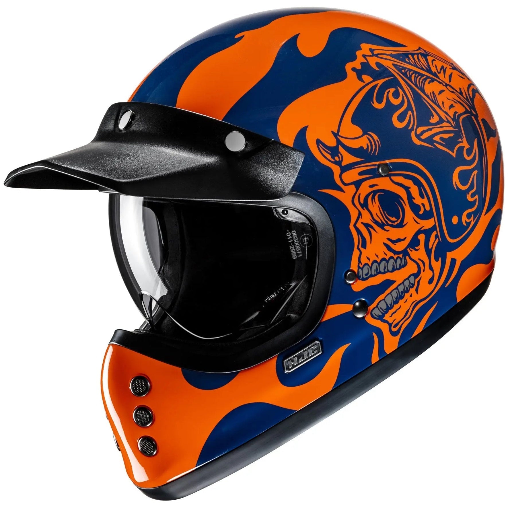HJC V60 Flame MC27 Blue / Orange Full Face Motorcycle Helmet, alternate retro full-face motorcycle helmet angle on white background