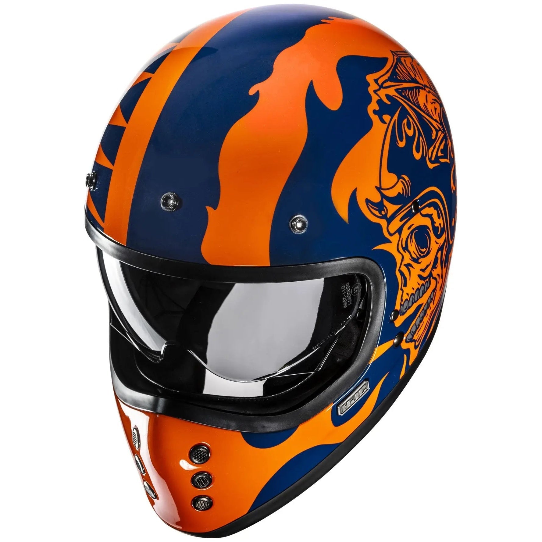HJC V60 Flame MC27 Blue / Orange Full Face Motorcycle Helmet, alternate retro full-face motorcycle helmet angle on white background