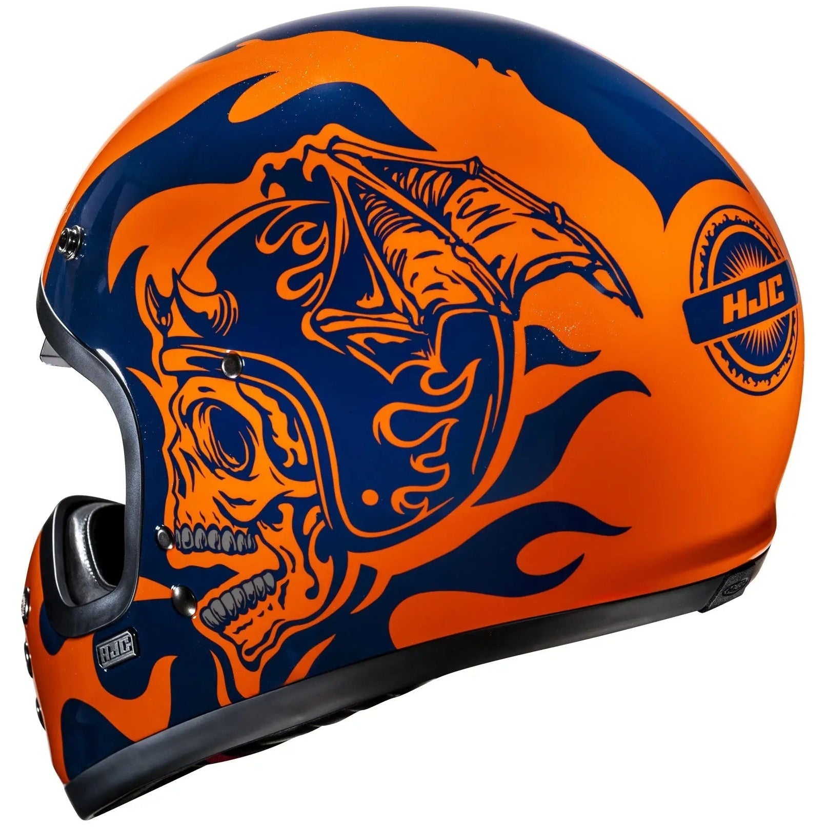HJC V60 Flame MC27 Blue / Orange Full Face Motorcycle Helmet, alternate retro full-face motorcycle helmet angle on white background