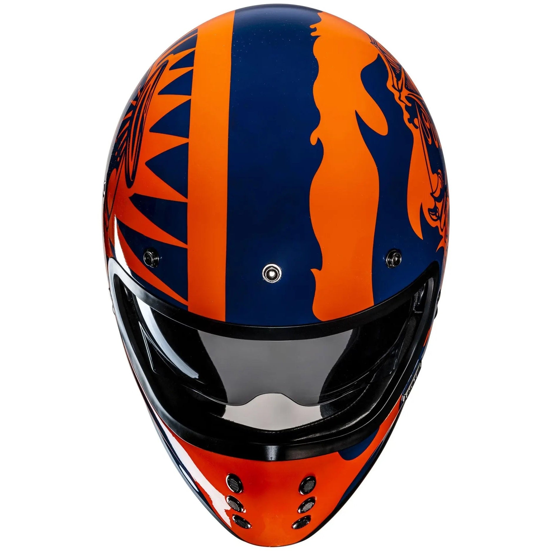 HJC V60 Flame MC27 Blue / Orange Full Face Motorcycle Helmet, alternate retro full-face motorcycle helmet angle on white background