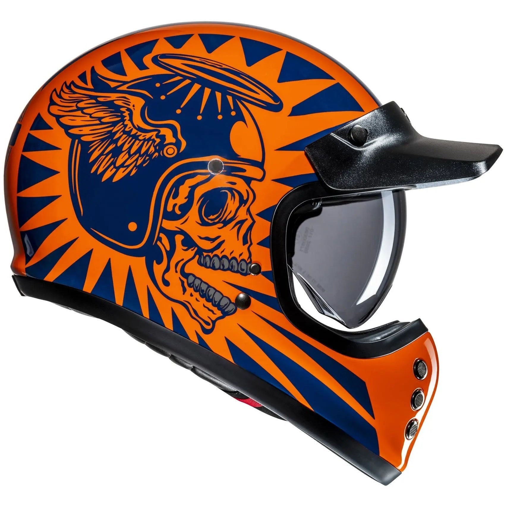 HJC V60 Flame MC27 Blue / Orange Full Face Motorcycle Helmet, alternate retro full-face motorcycle helmet angle on white background
