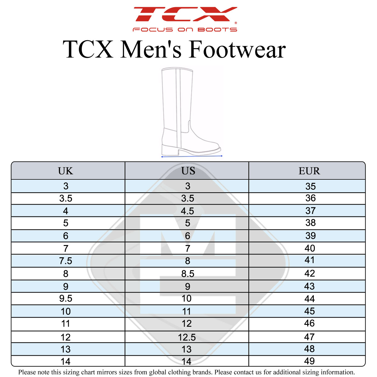TCX Men's Size Guide